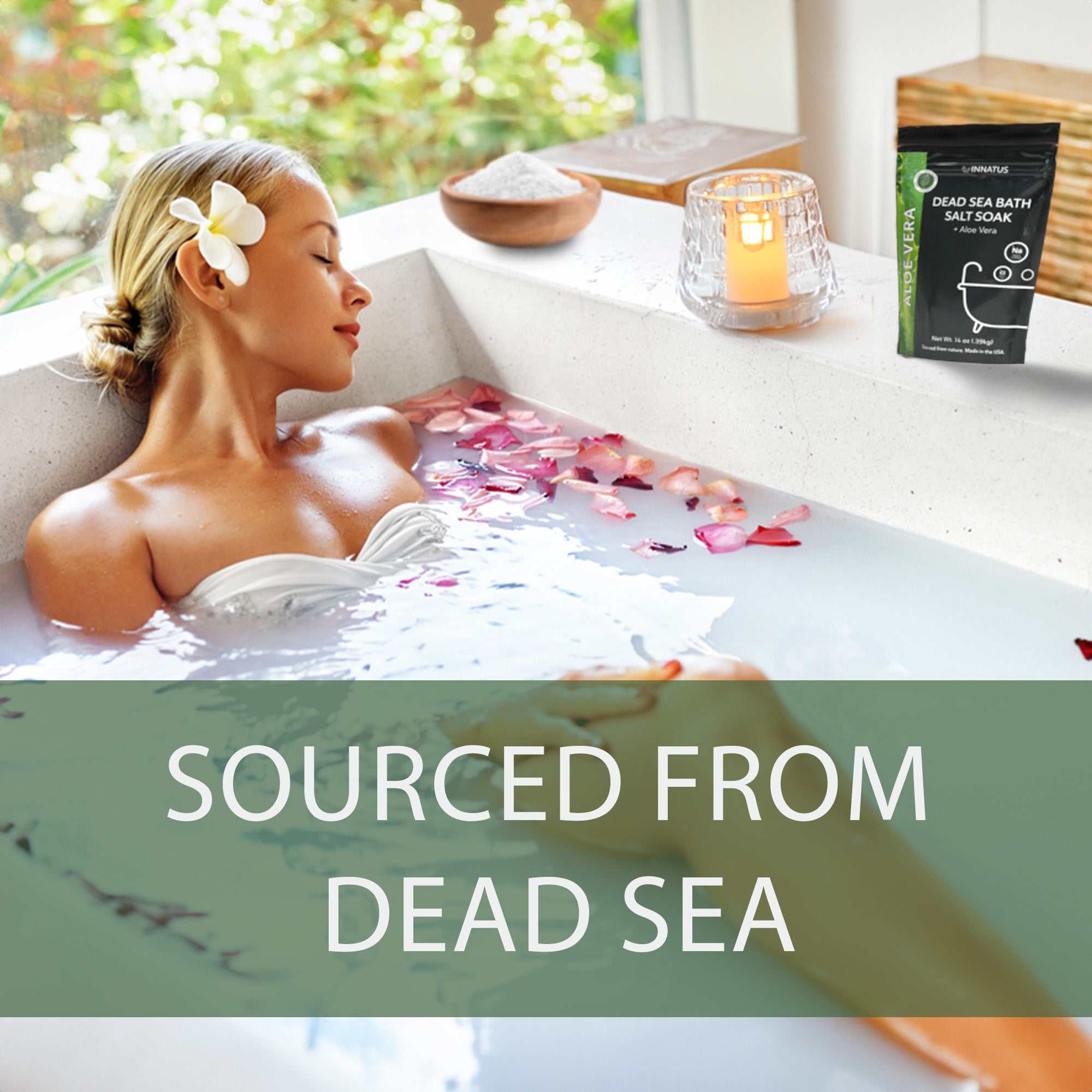 bathing with aloe vera plant Dead Sea Bath Salt Aloe Vera soak with 21 minerals
